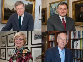 Top row, from left: Daniel Aaron and Karl Eikenberry. Bottom row, from left: Nancy Hopkins and Robert Keohane