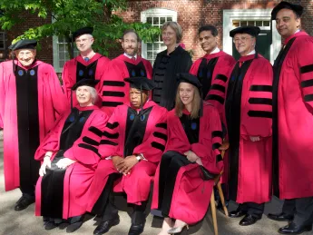 The 2012 honorary-degree recipients. Back row from left: Walter Kohn, John Adams, Provost Alan Garber, President Drew Faust, Fareed Zakaria, Mario Molina, and K. Anthony Appiah. Front row from left: Gillian Beer, John Lewis, and Wendy Kopp