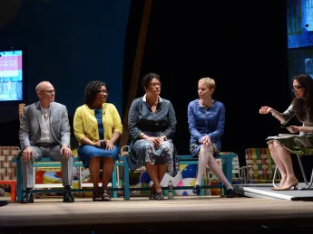 Artists Mark Robbins, Beverly McIver, Elizabeth Alexander, and Augusta Read Thomas, with moderator Diane Paulus, onstage at the Loeb Drama Center