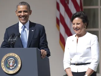 US President Barack Obama announces his nominee for Secretary of Commerce, Penny Pritzker, during an event in the Rose Garden of the White House in Washington, DC, on May 2, 2013.
