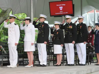 The Harvard ROTC class of 2014 (from the left): imminent officers Christopher J. Curtis, Catherine M. Philbin, James S. Brooks, Catherine A. Brown, Taylor B. Evans, Peter Machtiger, and Madison Coveno