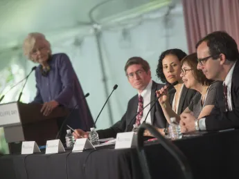 The panel (from left to right): Margaret H. Marshall (at podium), Michael Klarman, Lauren Sudeall Lucas, Linda Greenhouse, and John Manning