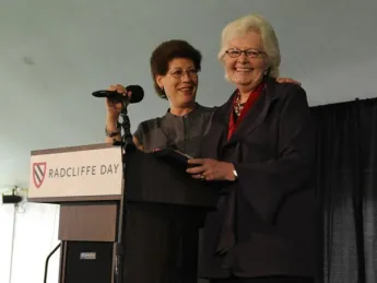 Radcliffe Institute dean Lizabeth Cohen awards the Radcliffe Medal to Margaret Marshall in 2012.