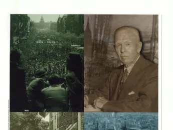 Challenges and response (clockwise from upper left): Prague residents watch a Communist May Day parade in 1948; the Secretary of State; physical destruction in Münster, Germany in 1945; Marshall in the Commencement procession.