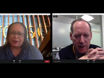 Video split-screen capture of images of Evelynn Hammonds and Paul Farmer
