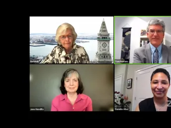 Screenshot of the four speakers: Margaret Marshall, Tom Putnam, Danielle Allen, and Jane Mendillo.