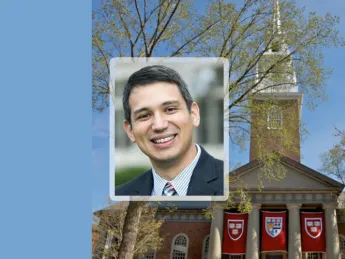 Matthew Potts portrait over photograph of Memorial Church in the background
