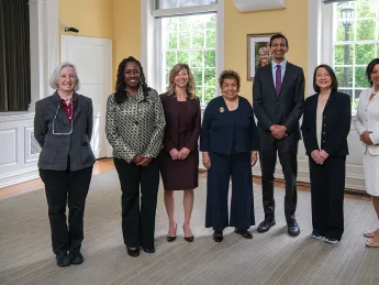 From left: Martha Minow, 2022 Radcliffe Medal recipient Sherrilyn Ifill, Leslie Cornfeld, Donna Shalala, Raj Chetty, Pam Eddinger, and Tomiko Brown-Nagin   