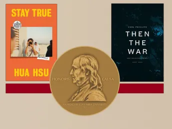 An image of the covers for Stay True and Then the War, overlaid with a gold Pulitzer Prize medal