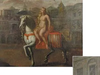 A detail (inset) of this 1586 painting may show Leofric checking his wife’s progress. Later viewers may have taken him for Peeping Tom.