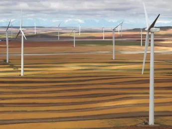 Electricity from towering turbines: wind-energy farm in Ethridge, Montana