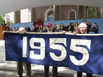 <b>The Blue Classes:</b> The Class of 2012 has revived the "class color" tradition (see "<a href="http://harvardmagazine.com/2009/11/harvard-class-colors-and-trademark-clothing">Curious Colors</a>"); theirs is blue. On Class Day, members of the class of 1955 displayed their class banner (also blue) to honor the graduating seniors and guest speaker Barney Frank, whose College class (1961) is blue, too.