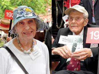 Frances Downing Vaughan ’44 and Donald F. Brown ’30 (holding a photo of himself on his graduation day)