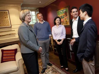 Grand-prize winners of the Harvard University President’s Challenge for social entrepreneurship meet with President Drew Faust. Team Vaxess Technologies includes (from left) Michael Schrader, Kathryn Kosuda, Livio Valenti, and Patrick Ho.