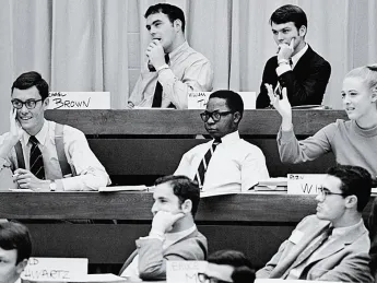 One among many: Harvard Business School pioneer Robin Wigger, suitably attired, in class among fellow M.B.A. students, circa 1970 