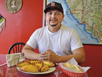 Que Padre owner Victor Duran (top) serves Mexican and Bolivian specialties: beef <i>saltenas</i> and the &ldquo;Sonora hotdog&rdquo;&mdash;with bacon, beans, and jalape&ntilde;o sauce.