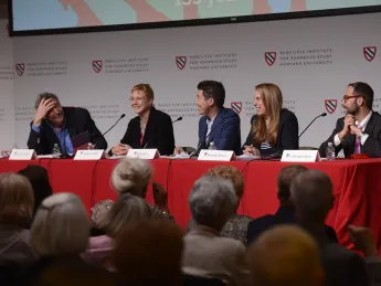 Discussing the science and ethics of engineering life are (from left) Eric S. Lander, Linda Griffith, David Liu, Pamela Silver, and I. Glenn Cohen.