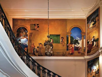 Panels from <i>A Florentine Fete,</i> by Maxfield Parrish, loom over the museum&rsquo;s lobby.