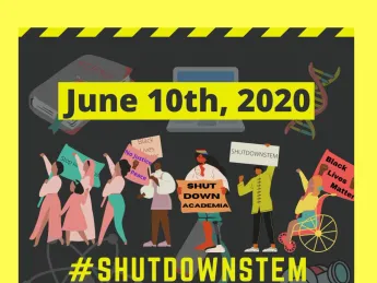 An illustrated poster for the June 10, 2020 #ShutDownStem academic strike for Black Lives Matter, showing people of different races, genders, and abilities organizing for racial justice