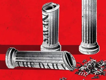 Illustration showing Greek pillars to represent democracy made from rolled newspapers. One of the pillars has tipped over and spilled a jumble of letters. 