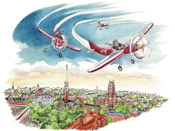 Cartoon showing student pilots flying airplanes above Harvard's campus
