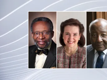 Three headshots, of Harvard Medalists Walter K. Clair, Nancy-Beth Gordon Sheerr, Preston N. Williams