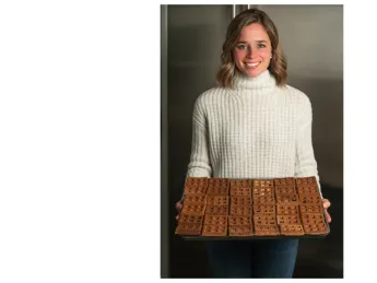 A woman holds a tray of waffles