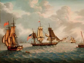 Painting of masted ships on the ocean