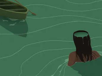The illustration shows an empty rowboat floating away and a woman wading toward it, in chest-high water.