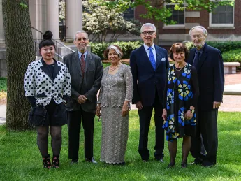 Group photo of Du Yun, Daniel Goleman, Mina Jahan Bissell, Sanford Greenberg, Catherine Gattegno Cesarsky, and John Dower