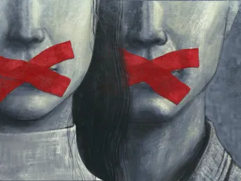 illustration of two individuals whose mouths have been taped shut