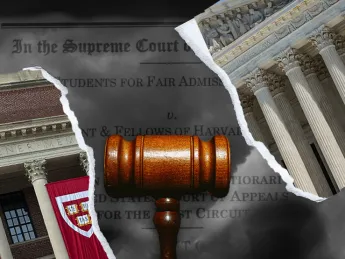 Photo montage showing Harvard’s Widener Library and the edifice of the Supreme Court divided by a gavel.