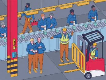 A drawing of a workplace where parents and their children are working together