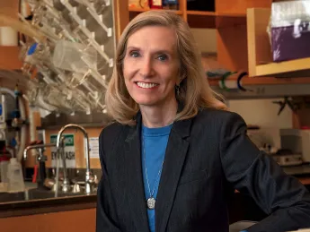 Kari Nadeau sits in her lab