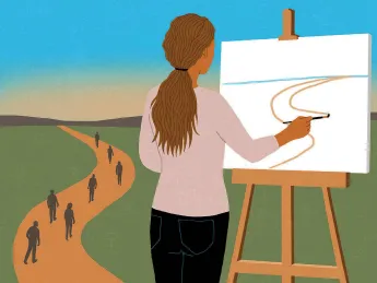 An illustration of a young woman at an easel, holding a paintbrush and tracing a path while looking out across a landscape of other people following their own path 