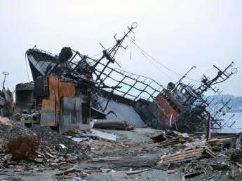 A burned ship in the port city of Kesennuma, which was particularly hard hit by the March 11 earthquake, tsunami, and resulting fires
