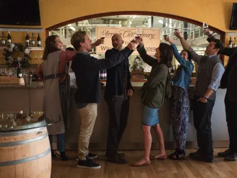 From left: Sam (Annie Parisse), Nick (Nat Faxon), Ethan (Keegan-Michael Key), Lisa (Cobie Smulders), Marianne (Jae Suh Park), Max (Fred Savage), and Felix (Billy Eichner)