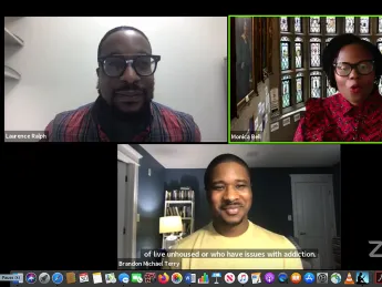 Screenshot of Zoom conversation with Laurence Ralph, Monica Bell, and Brandon Terry