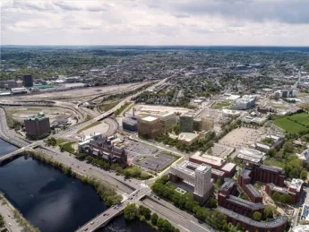 An aerial view with a photo simulation of the enterprise research campus as expected to be built