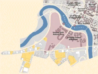 The Allston porperties that have been purchased since 1988, shown here in bright yellow, point to a new frontier for the University to the south and west of the Business School.