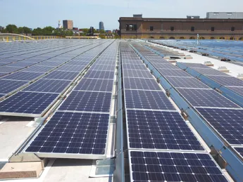 The solar array installed atop the Gordon Indoor Track offers 591.5 kilowatts of clean-energy capacity.