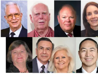 Top row from left: Marshall Allen, T. Carter Hagman, John Irving, and Margarita Montoto-Escalera. Bottom row from left: Elaine Hoffman Morris, Miguel M. Palos, Claudia Friederichs Palos, and Milton Yasunaga