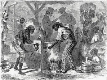 <i>The First Cotton-gin, </i>by William L. Sheppard, published in<i> Harper&rsquo;s,</i> December 18, 1869, shows slaves at work&mdash;and masters who profited from their labor. 
