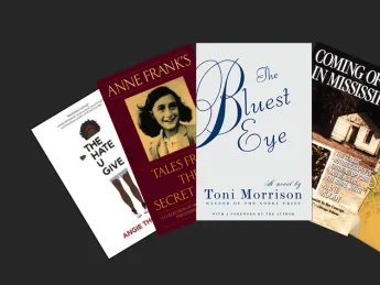 Book jackets for "The Hate U Give," "The Diary of Anne Frank," "The Bluest Eye," "Coming of Age in Mississippi," and "Are You There, God? It's Me, Margaret"