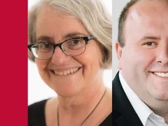 Portrait of Julie Reuben, Warren professor of the history of American education, newly appointed inaugural faculty dean of Phillips Brooks House Center, and Travis Lovett, the newly appointed assistant dean of civic engagement and service