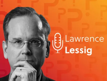 Portrait of Lawrence Lessig with a microphone and his name