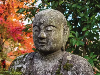 A stone statue of the Buddha appears against a background of colorful autumn leaves.