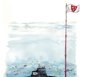 Cartoon of a submerged submarine with a cut-out view of the interior, where crew members are taking a Harvard course via video recording.