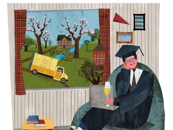 Colorful composite drawing of the author, dressed in cap and gown, at home in Cambridge, with scenes of blossoming trees and a yellow moving truck visible through the window. 