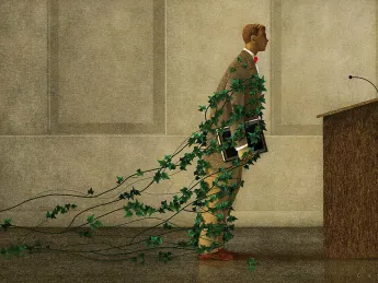An illustration showing a professor held back by ivy vines, representing traditional and reluctance to change